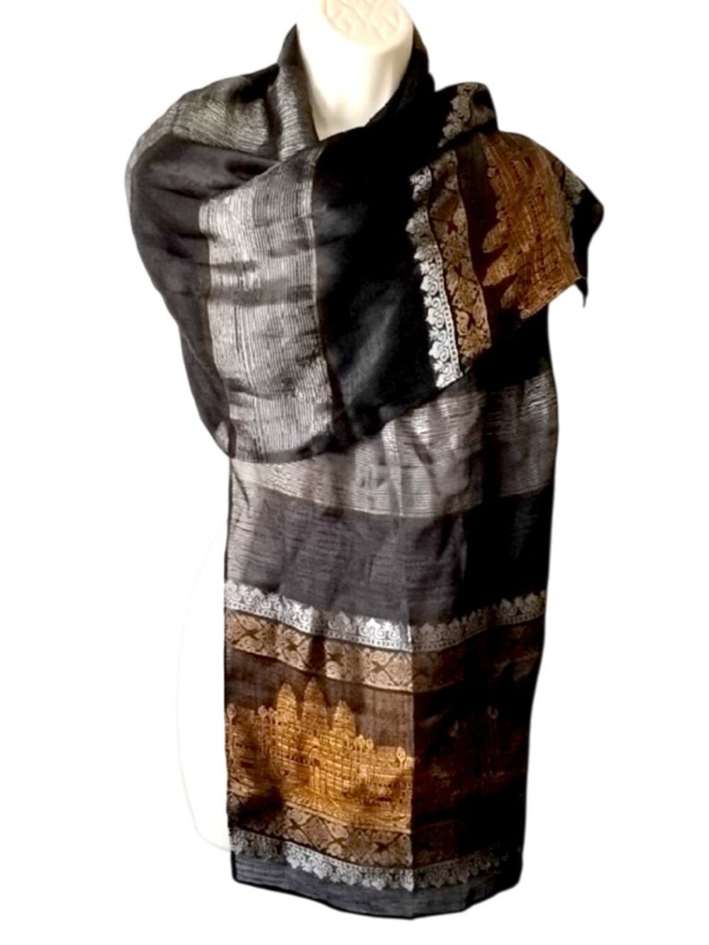 Cambodian Silk Angkor Wat Temple Scarf 70x19 Black Gold Silver